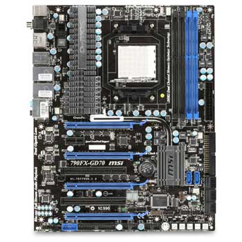 MSI 790FX-GD70, AMD 790FX, AM3, PCI-E 2.0 (x16), DDR3 1800(OC), 1600(OC), 1333, SATA II/RAID, ATX