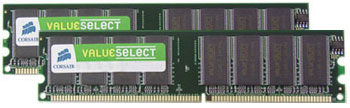 1Gb (2X512Mb) Corsair Value Select DDR PC3200 (400), 184 Pins, Non-ECC Unbuffered, CAS 2.5