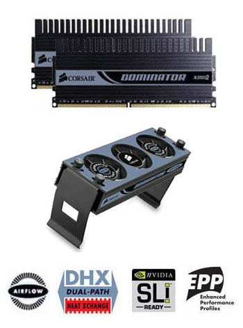 4GB (2x 2GB) Corsair Dominator DDR2 PC2-8500 (1066), 240 Pin, Non-ECC Unbuff, CAS 5, EPP, DHX + Fan