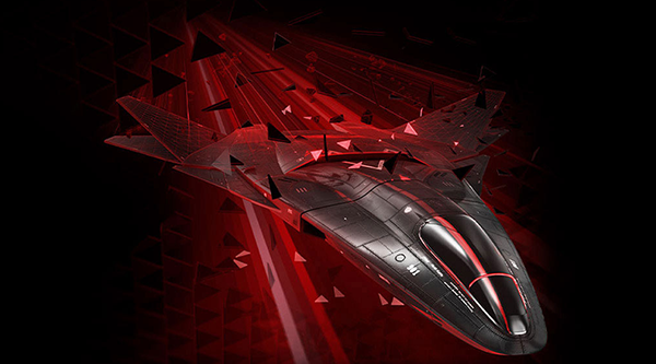 AMD Fidelity FX. Red themed artwork of a futuristic stealth-bomber-style jet flying through triangular shards