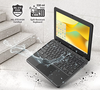 Chromebook connecting with ground with surrounding water splashes, illustrating durability.