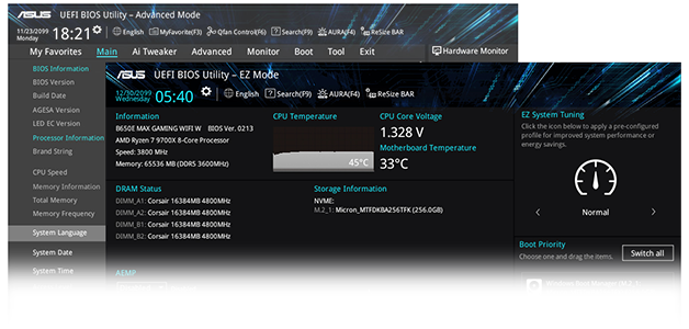 Interface for EZ Mode and Advanced Modes in the BIOS