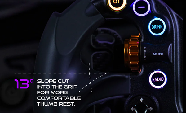 Alpha steering wheel zoomed into the thumbrest to highlight its comfortable 13 degree slope cut