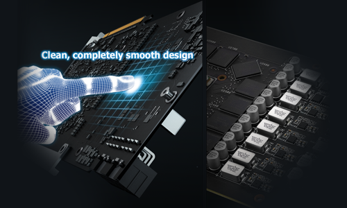 Futuristic finger touching the graphics card to highlight clean, smooth design.