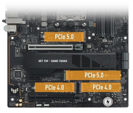 Closeup of the PCIe 4 & 5 slots on the TUF GAMING X870E-PLUS WIFI7 motherboard.