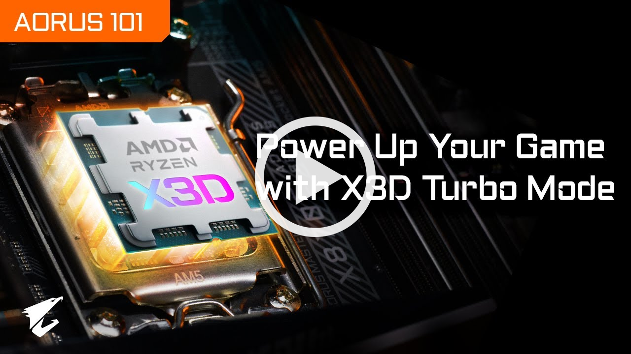 Video thumbnail of AMD Ryzen CPU hovering over orange glowing socket with X3D Turbo Mode overlay.