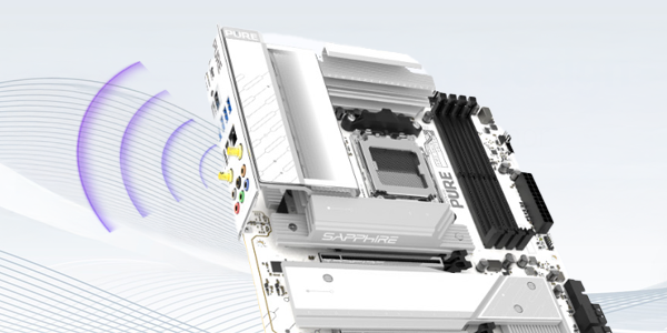 Pulsing illustration next to the antenna slot on the Sapphire Pure motherboard, highlighting WiFi7 connectivity.