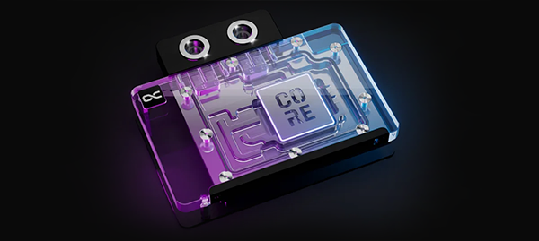 Banner image of the Core Cooling Block on a dark background lit up in blue and purple lighting