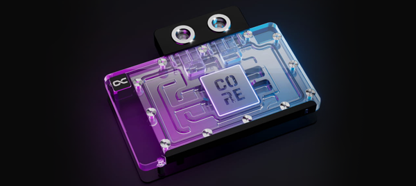 Banner image of the Core Cooling Block on a dark background lit up in blue and purple lighting