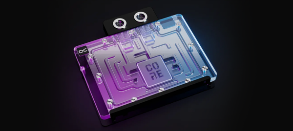 Banner image of the Core Cooling Block on a dark background lit up in blue and purple lighting