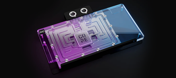 Banner image of the Core Cooling Block on a dark background lit up in blue and purple lighting