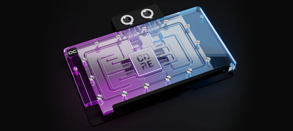 Banner image of the Core Cooling Block on a dark background lit up in blue and purple lighting