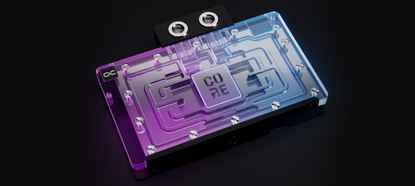 Banner image of the Core Cooling Block on a dark background lit up in blue and purple lighting