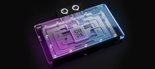 Banner image of the Core Cooling Block on a dark background lit up in blue and purple lighting