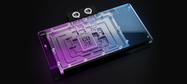 Banner image of the Core Cooling Block on a dark background lit up in blue and purple lighting