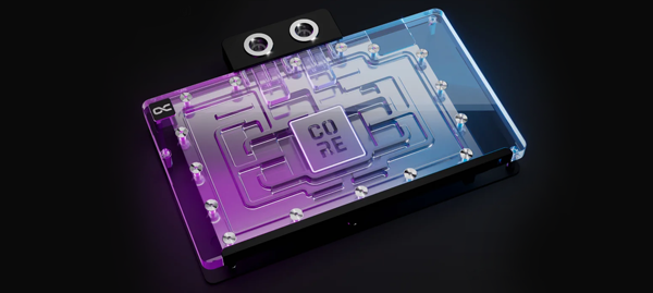 Banner image of the Core Cooling Block on a dark background lit up in blue and purple lighting