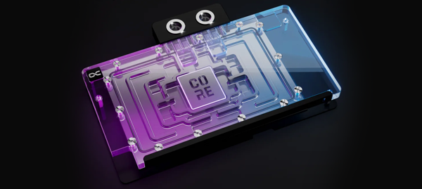 Banner image of the Core Cooling Block on a dark background lit up in blue and purple lighting