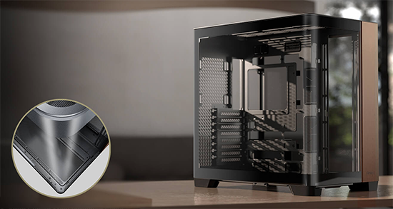 Corner view of C8 Curve case featuring 4mm curved tempered glass panel