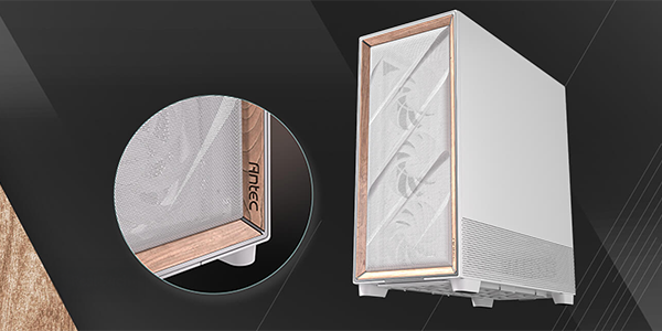 Zoomed in bottom right front angle of the FLUX PRO case, showcasing its wood trim edge.