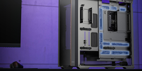 Open side of the Flux Rear case with motherboard back connect openings to highlight back-connect support