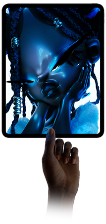 iPad Pro with doll illustration on-screen with iPad being held between two fingers to highlight lightweight design