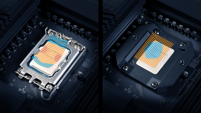 Rendered graphic over a CPU showing contact patterns for each socket type