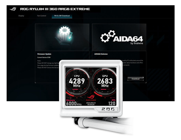 ASUS Ryujin III AIDA 64 Extreme Software with Pump LCD showing Live Monitor