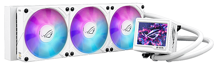 ASUS ROG Ryujin III 360mm ARGB White Edition All-in-One Liquid CPU Cooler over colourful, glass-like rendered background