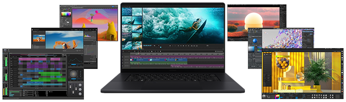 Image of laptop with multiple application windows surrounding it