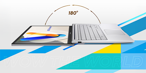 Vivobook 15 laptop lay-flat design, illustrated with a 180 degree text overlay to highlight it's maximum opening angle