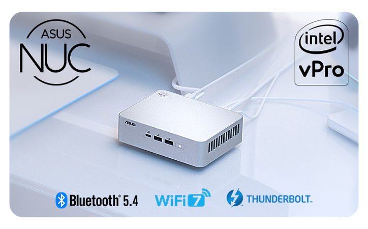 A compact, silver ASUS NUC 15 Pro+ sat in a clean workspace