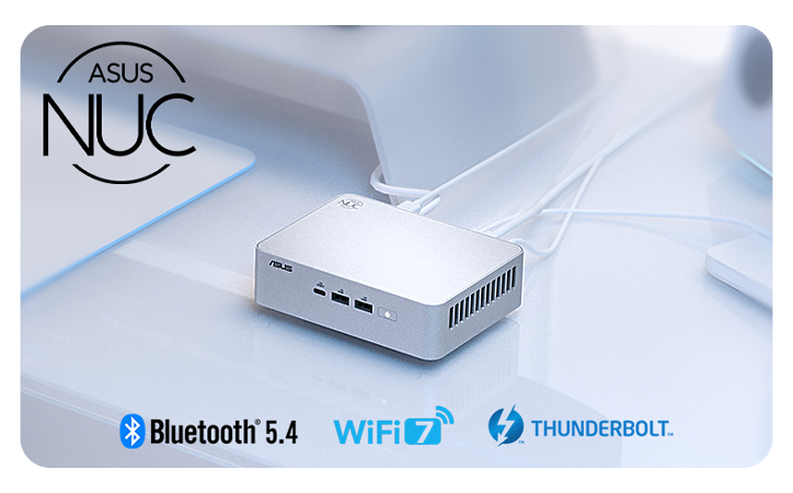 A compact, silver ASUS NUC 15 Pro+ sat in a clean workspace
