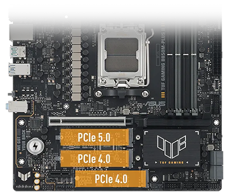 Top-down view of motherboard showing PCIe 5.0 and 4.0 zones.