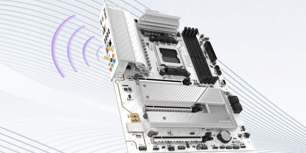 Pulsing illustration next to the antenna slot on the Sapphire Pure motherboard, highlighting WiFi7 connectivity.