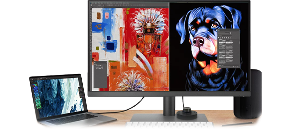 benq monitor pd3205u on a desk connected to a laptop