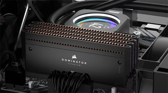 Close-up of Corsair Dominator Titanium RAM modules installed in a PC motherboard.