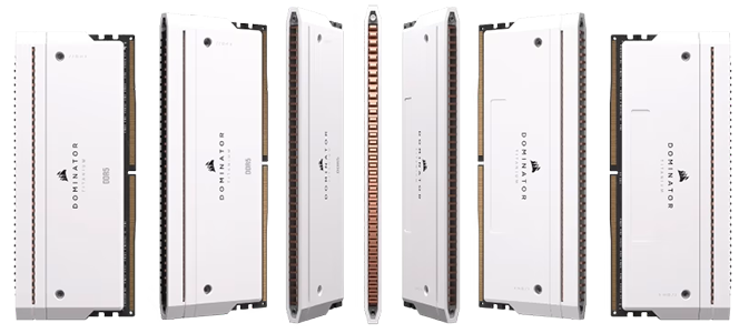 Six Corsair Dominator white RAM sticks displaying their heat spreaders and gold connectors.