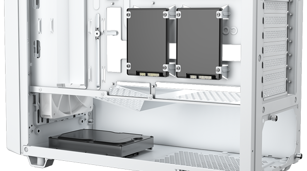 Inside of case showing space for HDD and SSD