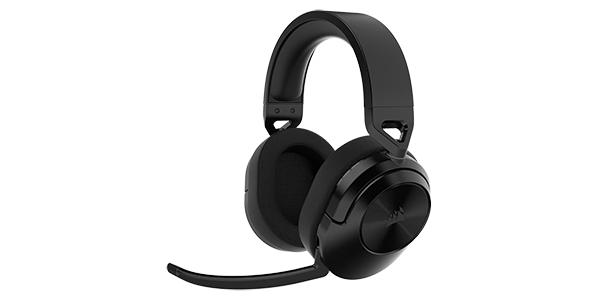 Side shot of the HS55 WIRELESS gaming headset in front of a wavy background.