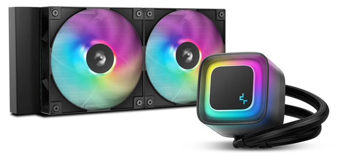 DeepCool LE240 V2 Black All-in-One Liquid CPU Cooler over colourful, glass-like rendered background