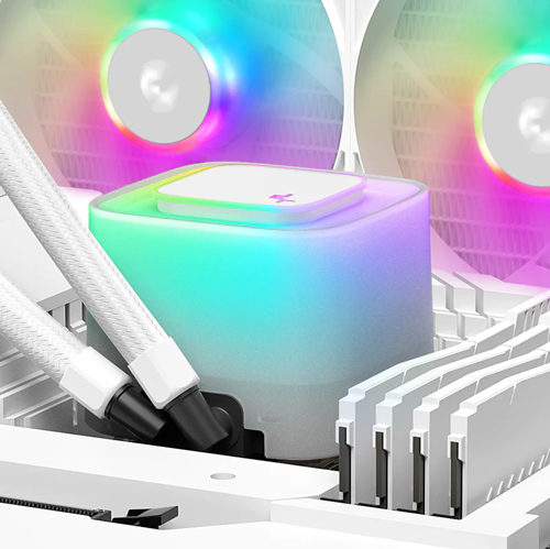 DeepCool LE360 WH V2 Pump glowing RGB in-situ with other PC components and radiator fans