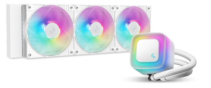 DeepCool LE360 WH V2 White All-in-One Liquid CPU Cooler over colourful, glass-like rendered background