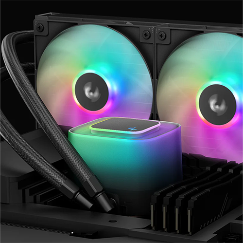 DeepCool LE360 WH V2 Pump glowing RGB in-situ with other PC components and radiator fans