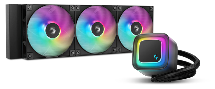 DeepCool LE360 WH V2 Black All-in-One Liquid CPU Cooler over colourful, glass-like rendered background