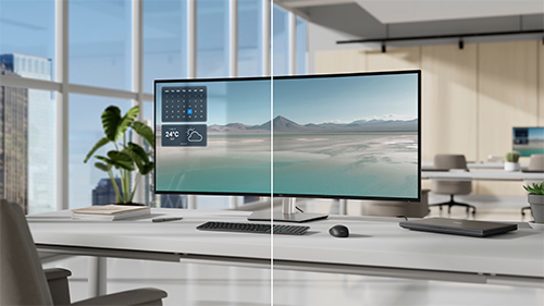 Split image showing the sun glaring on one side of the monitor and one without glare