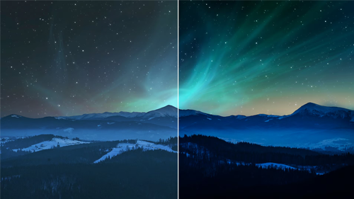 Split image showing the more saturated colour of the monitor screen
