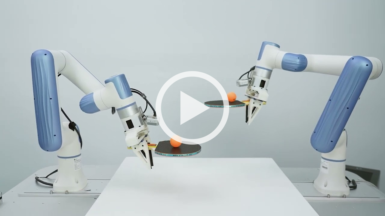 X-Trainer video thumbnail of two robotic arms balancing a ping pong ball on a racket