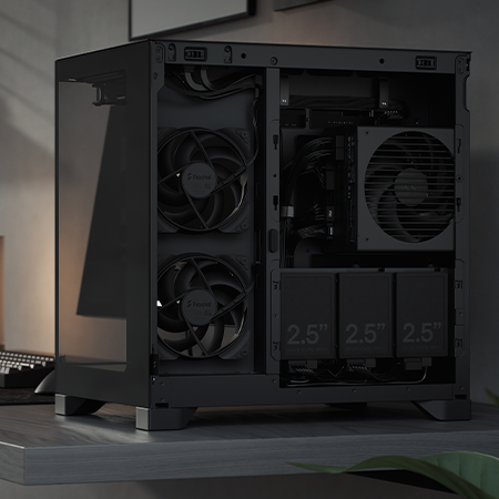 Image of the case on a desk with the side panels removed