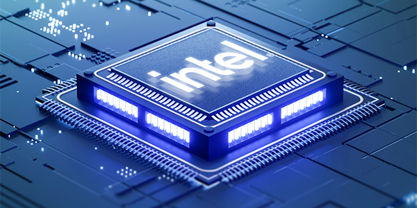 Intel CPU rendering with illuminated edges fixed on a dark circuit board.