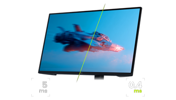 Visual on monitor screen showing the difference between a 5ms response time and the 0.4ms response time